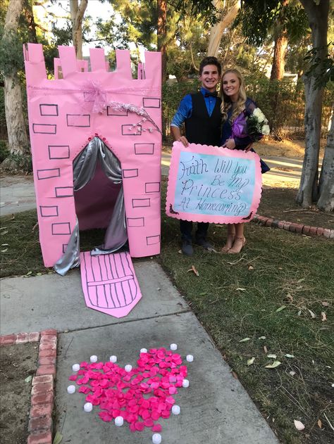 Pink Prom Proposal, Rapunzel Promposal, Disney Promposal, Dance Proposals, Prom Posters, Cute Homecoming Proposals, Dance Proposal, Pink Castle, Hoco Proposals