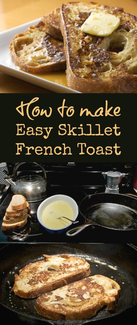 How to make the best easy french toast recipe using any type of bread. This recipe is easily scaled to feed one person or a big crowd and is cooked in a skillet or on a griddle instead of baked. It is fast and easy to make with ingredients that most people already have on hand. This is the basic french toast recipe that everyone should have memorized! | pinchmysalt.com Skillet French Toast, Basic French Toast, Breakfast Casserole French Toast, Breakfast Skillet Recipes, Type Of Bread, Easy French Toast Recipe, Best French Toast, Basic French, Camping Breakfast