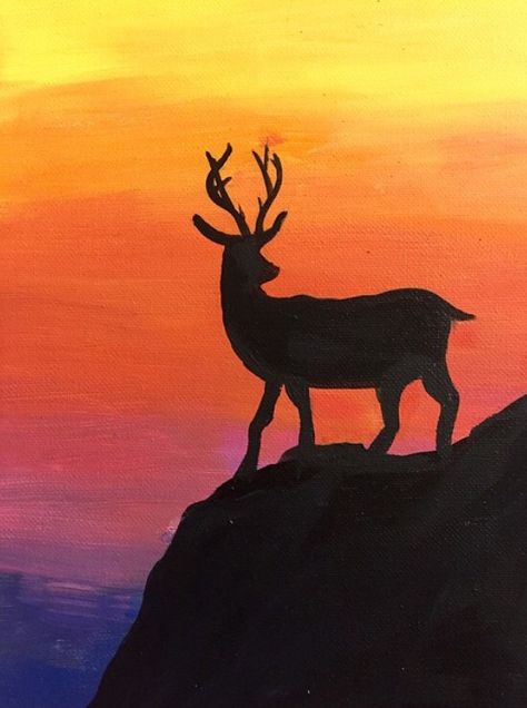 Deer silhouette in sunset painting Deer Shadow Painting, Sunset Deer Painting, Dear Painting Easy, Fall Deer Painting, Silouhette Painting Ideas, Hunting Painting Easy, Sillouttes Paintings, Sillhoute Painting, Black Art Painting Canvas