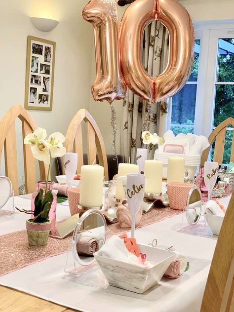 Ruby’s birthday Sleepover  | CatchMyParty.com Pink And White Birthday Party, Pink And White Birthday, White Birthday Party Ideas, Slumber Party Decorations, Girls Sleepover Party, Pink Birthday Decorations, Family Chaos, White Birthday Party, Birthday Sleepover Ideas