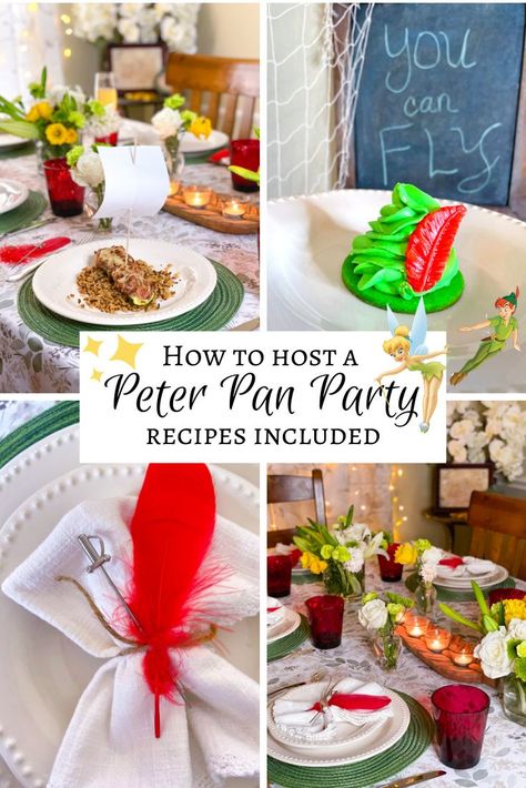 We're off to Neverland! Here's how to host a Peter Pan party - Disney recipes included! Peter Pan Menu Ideas, Peter Pan Party Food Ideas, Peter Pan Snacks Parties Food, Peter Pan Themed Dinner, Peter Pan Dinner Ideas, Peter Pan Themed Party Food, Peter Pan Charcuterie Board, Peter Pan Inspired Food, Peter Pan Snacks