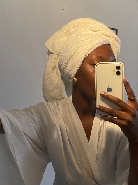 A mirror selfie of a girl wearing a robe and towel on her head Head Towel Aesthetic, Catherine Core, Towel Aesthetic, Towel On Head, Spa Vibes, Head Spa, Inner Peace, Self Care, Towels