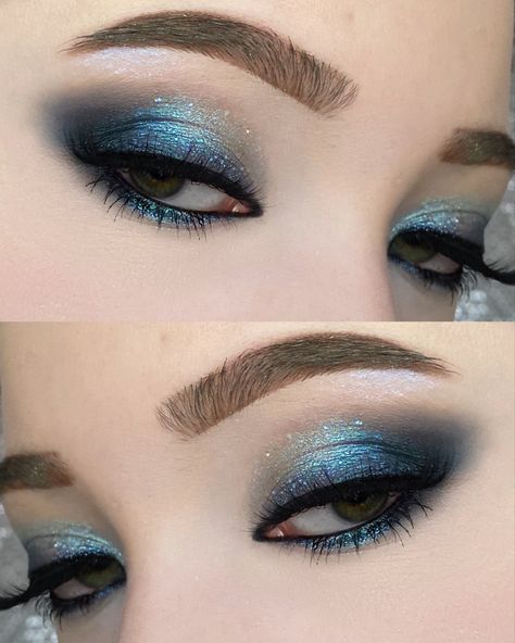 Navy And Gold Makeup, Blue And Silver Makeup Looks For Prom, Blue And Black Eyeshadow, Blue And Black Makeup, Midnights Makeup Ideas, Dark Blue Eyeshadow Looks, Blue And Sliver Makeup Looks, Dark Blue Prom Makeup, Quinceañera Makeup Ideas Blue