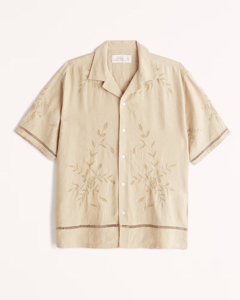 Men's Camp Collar Summer Linen-Blend Embroidered Button-Up Shirt | Men's New Arrivals | Abercrombie.com Stylish Boy Clothes, 90s Fits, Johnny Collar, Oversized Flannel, Crochet Buttons, Linen Shirt Men, Summer Linen, Stylish Boys, Men's Tops