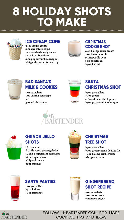 Holiday Shots Most Popular Alcohol Shots, Holiday Themed Alcoholic Drinks, Christmas Drinks Shots, Candy Cane Shooters, Xmas Shots Alcohol, Christmas Alcoholic Shots, Fun Bar Shots, Xmas Shots Holiday Cocktails, Christmas Alcohol Drinks For Adults