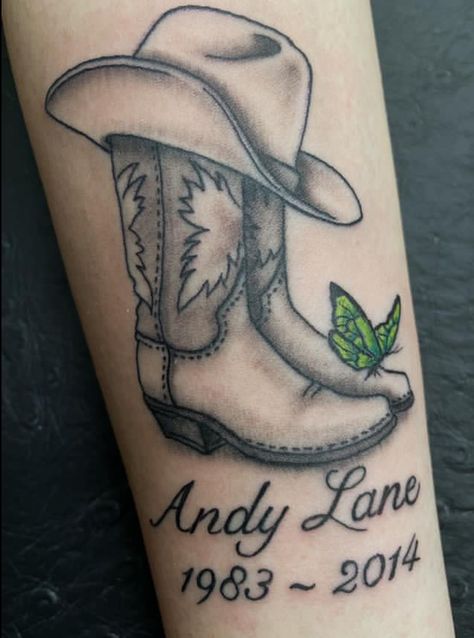 Cowboy Boots And Hat Memorial Tattoo, Horse Tattoos Men, Memorial Tattoos For Sister, Brother Memorial Tattoo, Grave Tattoo, Dad Daughter Tattoo, Back Ear Tattoo, Cowboy Hat Tattoo, Horse Shoe Tattoo