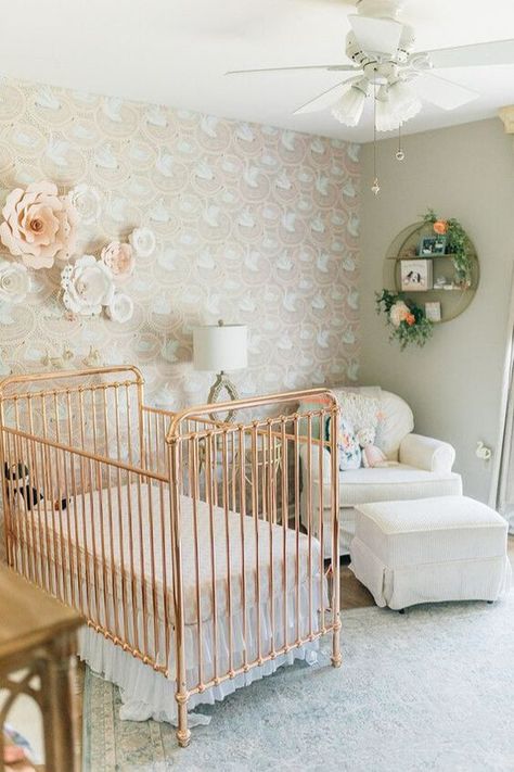 VINTAGE NURSERY IDEAS 2 Nursery With Gold Crib, Gold Crib Nursery, Gold Baby Crib, Rose Gold Nursery, Vintage Baby Girl Nursery, Gold Crib, Modern Girl Nursery, Vintage Girl Nursery, Gold Nursery Decor