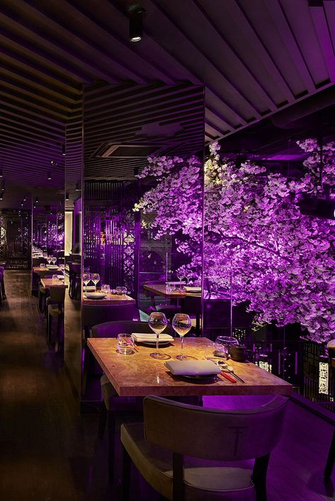 Fancy Restaurant Interior Design, Fancy Restaurant Aesthetic Night, Lounge Restaurant Design, Fancy Restaurant Interior, Purple Restaurant, Restaurant Pics, Asian Bar, Fancy Bar, Chinese Luxury