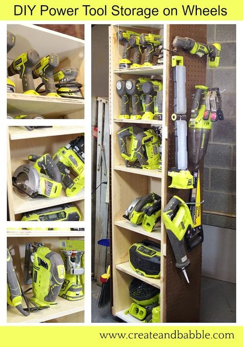 Get the free plans to build this DIY Power Tool Storage Unit on Wheels #createandbabble #kregjig  #diyproject #spon #toolstorage #workshop #buildsomething Power Tool Storage Ideas, Tool Storage Ideas, Pallet Deck Diy, Power Tool Organizer, Ryobi Tools, Tool Storage Cabinets, Power Tool Storage, Garage Tool Storage, Tool Storage Diy