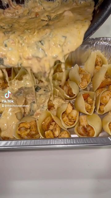 Seafood Football Food, Shrimp Shells Recipes, Shrimp And Chicken Tuscan Stuffed Shells, Chicken Shrimp Stuffed Shells, Seafood Pasta Shells, Cajun Chicken And Shrimp Stuffed Shells, Salmon And Shrimp Stuffed Shells, Tuscan Chicken Stuffed Shells, Stuffed Shrimp Shells