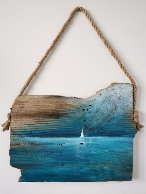 Wood Plank Crafts, Wood Plank Painting, Nautical Painting Ideas, Driftwood Painting, Surf Painting, Painted Driftwood, Driftwood Art Diy, Seashell Wall Art, Wood Painting Art