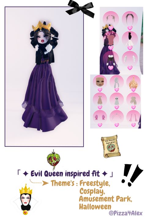 「 ✦ Evil Queen inspired fit ✦ 」 ╰┈➤ Theme's : Freestyle, Cosplay, Amusement Park, Halloween #DTI #Roblox #DressToImpress #Freestyle #Cosplay #AmusementPark #Halloween #OutfitIdea Freestyle Dress To Impress, Amusment Parks Outfit, Amusement Park Dress To Impress, Halloween Dti, Pet Sweaters, Knit Toys, Dti Ideas, Easy Doodles, Doodles Drawings