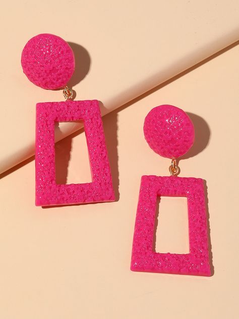 Big Pink Earrings, Chunky Pink Earrings, Hot Pink Jewelry, Hot Pink Accessories, Pink Drop Earrings, Hot Pink Earrings, Embellished Fashion, Metal Drop, Fashion Illustration Sketches Dresses