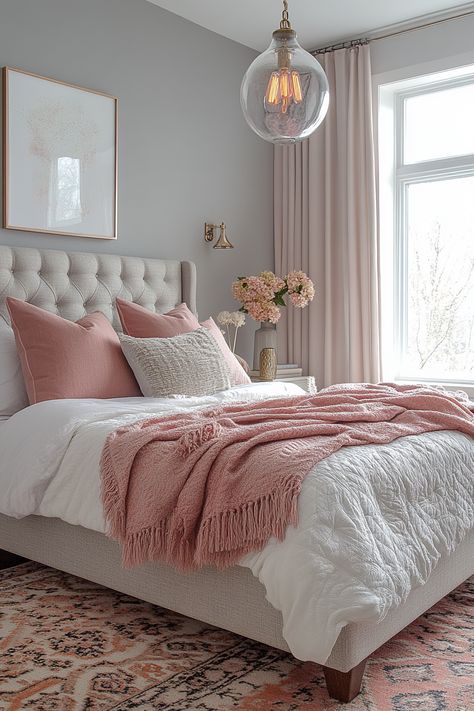 The pink and grey bedroom aesthetic is a popular choice for its calming and sophisticated vibe.  Explore different ways to achieve this look, whether you prefer a minimalist approach with soft hues or a dramatic statement with darker shades.  Find inspiration for creating a pink and grey bedroom that reflects your own personal style. Bedroom Inspirations Dusty Pink, Pink White And Grey Bedroom Ideas For Adults, Grey Pink Room Bedrooms, Bedroom Inspo Minimalist Pink, Bedroom Inspo Pink And Grey, Aesthetic Grey Room Ideas, Nude And Pink Bedroom Ideas, Gray And Light Pink Bedroom, Grey Feminine Bedroom