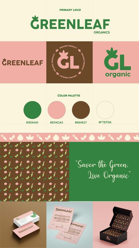 Green Leaf, an organic products company, tasked us with developing a brand identity that emphasizes their dedication to natural and eco-friendly practices. The project involved creating a fresh and simple brand image, including a nature-inspired logo and a cohesive color palette, to differentiate Green Leaf from its competitors. The result was a brand identity that not only aligned with the company’s values but also strengthened its market presence and attracted new customers. Green Brand Identity Design, Eco Friendly Graphic Design, Sustainable Branding Design, Eco Color Palette, Green Brand Identity, Nature Brand Identity, Sustainable Branding, Plant Logos, Pet Logo