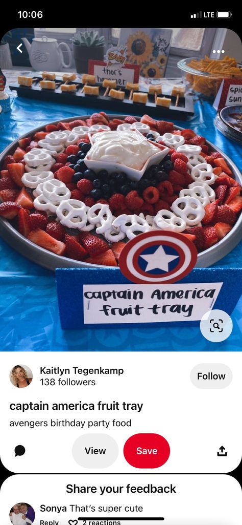 Captain America Fruit Tray, Superhero Charcuterie Board, Captain America Party Ideas, Captain America Birthday Party Ideas, Avengers Birthday Party Food, Cna Week, Captain America Birthday Party, Captain America Party, Marvel Birthday