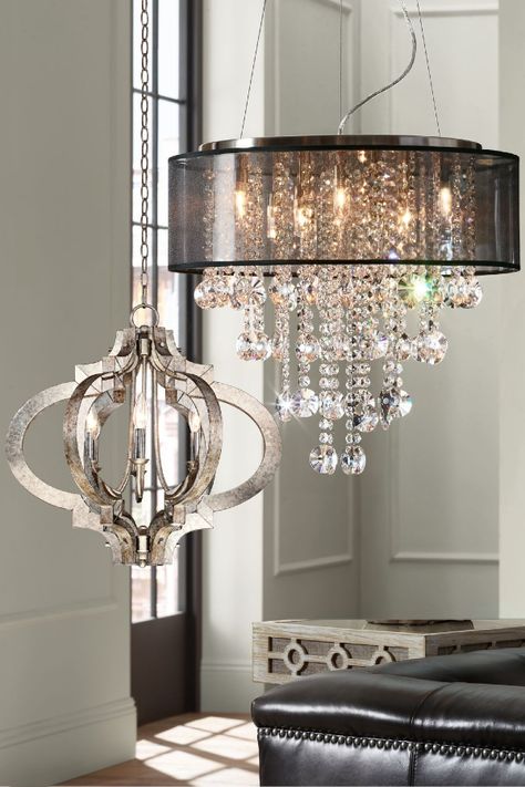 Black And Silver Chandelier, Black Kitchen Island Lighting, Chandelier Ideas, Stunning Chandelier, Ring Chandelier, Silver Chandelier, Crystal Pendant Lighting, Kitchen Island Lighting Pendant, Wagon Wheel Chandelier