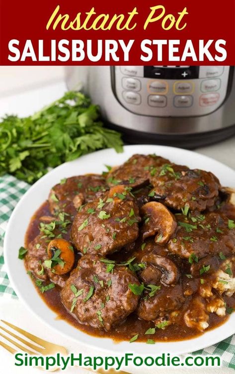 Instant Pot Salisbury Steaks are delicious beef patties that are well seasoned and cooked in a fabulous mushroom-onion gravy. Serve this fantastic pressure cooker Salisbury Steak recipe over creamy mashed potatoes for a tasty, satisfying meal. simplyhappyfoodie.com #instantpotsalisburysteak #salisburysteak #pressurecookersalisburysteak Instant Pot Salisbury Steak, Pressure Cooker Steak, Salisbury Steaks, Salisbury Steak Recipe, Beef Patties, Onion Gravy, Salisbury Steak, Beef Patty, Steak Recipe