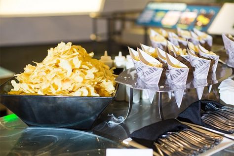 How to Set Up a Potato Chip Bar at Your Wedding: Ideas + Product Picks Potato Chip Bar, Potato Chip Bar Wedding, Chips At Wedding, Chip Bar, Chips And Dip Display Serving Ideas, How To Serve Chips And Salsa At A Wedding, Serving Potato Chips At A Party, Buffet Signs, Chip Packaging