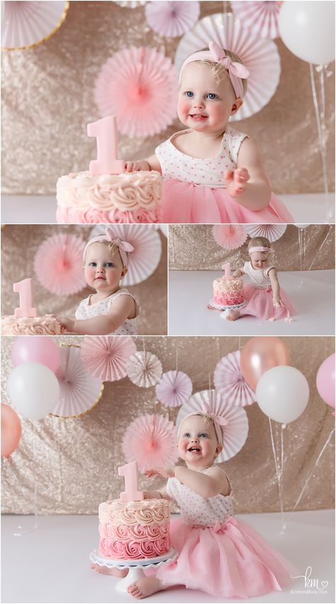 Pink and gold cake smash - fans and balloons Princess Smash Cakes, Pink And Gold Cake Smash, Pink Smash Cakes, Pink And Gold Theme, Gold Cake Smash, Pink And Gold Cake, Cake Photoshoot, Cake Smash Theme, Gold First Birthday