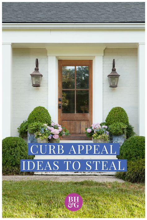 Get inspired to make the exterior of your home look chic and inviting. These curb appeal ideas will make your home look the best on the block with charming style and beautiful elegance. #curbappeal #homeimprovement #landscaping Cottage Exterior Front Door, Charming Curb Appeal, Curb Appeal No Porch, Walkway Up To Front Door, Front Gardens Curb Appeal, Front Patio Decorating Ideas Curb Appeal, Flat Front House Curb Appeal, Southern Curb Appeal, Improving Curb Appeal