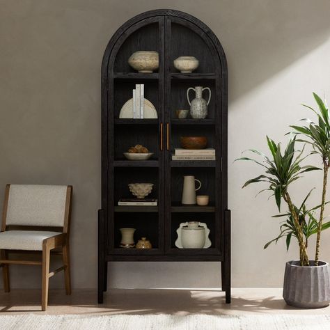 Black Arched Cabinet, Arched Cabinet, Cabinet Options, Glass Panel Door, Modern Bookcase, Cabinet Finishes, Curio Cabinet, Oak Cabinets, Black Cabinets