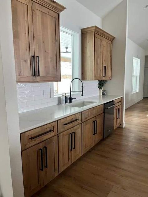 Modular Home Kitchen Ideas, Modular Home Kitchen Design, Kitchen With Brick Accents, Small Kitchen Layout Ideas Floor Plans, House Remodel Before And After, 80s Home Renovation, House Fixer Upper Ideas, Kitchen Cabinet And Floor Combinations, Ranch Style Home Kitchen