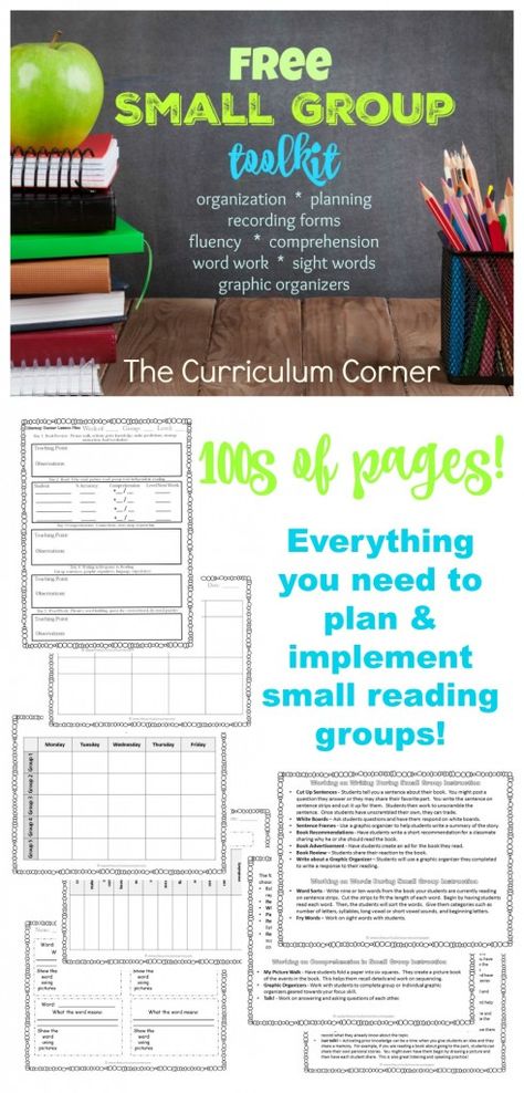 FREE Complete Small Group Toolkit from The Curriculum Corner | organization, planning, recording forms, fluency, comprehension, word work, sight words, graphic organizers | HUGE COLLECTION! Reading Toolkit, Small Group Reading Instruction, Rti Interventions, Small Group Reading, Guided Reading Groups, Reading Specialist, 5th Grade Reading, Small Group Instruction, 4th Grade Reading