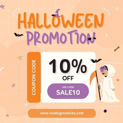 Orange and Purple Cute Playful Halloween Coupon Code Discount Instagram Post / promotion, sale, discount, coupon code, discount code, coupon, playful, halloween, trick or treat, illustrated / #canva #canvatemplate #freetemplate #canvapro Halloween Coupons, Halloween Promotions, Purple Cute, Fashion Promotion, Instagram Post Template, Post Templates, Discount Coupon, Orange And Purple, Discount Code