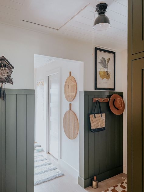 Green Lockers, Back Door Entry, Painted Shiplap, Back Door Entrance, Shiplap Entryway, Shiplap Kitchen, Painting Shiplap, Pitched Ceiling, Nesting With Grace