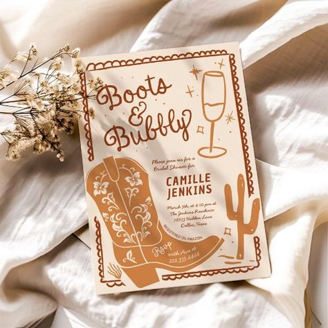 Boots and Bubbly Hand Drawn Bridal Shower Invitation Boots And Bubbly Bridal Shower Decor, Cowgirl Bridal Shower Ideas, Boots And Bubbly Bridal Shower, I Do Party, Country Chic Bridal Shower, Boots And Bubbly, Brunch With The Bride, Western Bridal Showers, Hand Drawn Invitation