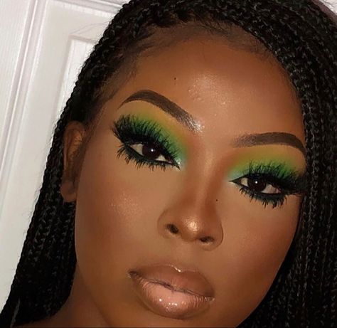 Green Eye Makeup On Black Women, Green Shadow Makeup Black Women, Green And Yellow Makeup Looks Black Women, Green Make Up On Black Women, Green Lipstick Looks On Black Women, Yellow And Green Makeup Looks, Jamaica Makeup Look, Hunter Green Makeup Looks Black Women, Blue And Green Makeup Looks Black Women