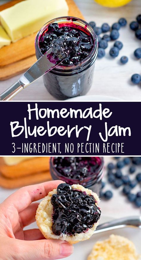 Delicious no-pectin Blueberry Jam Recipe, made with 3 ingredients! It's perfect for slathering on bread, English muffins, scones, and so much more! Blueberry Jam In Bread Machine, No Sugar Blueberry Jam, Easy Blueberry Jam For Canning, Jam Ideas Recipes, How To Make Jams And Jellies, Recipe For Blueberries, Recipe For Blueberry Jam, Small Batch Preserves, Fresh Jam Recipes