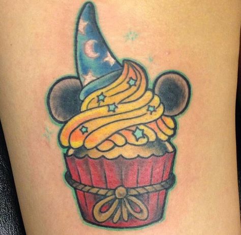 Sorcerer Mickey cupcake tattoo Cupcake Tattoo, Mickey Tattoo, Cupcake Tattoos, Hero Crafts, Mom Daughter Tattoos, Disney Cupcakes, Disney Sleeve, Sorcerer Mickey, Food Tattoos