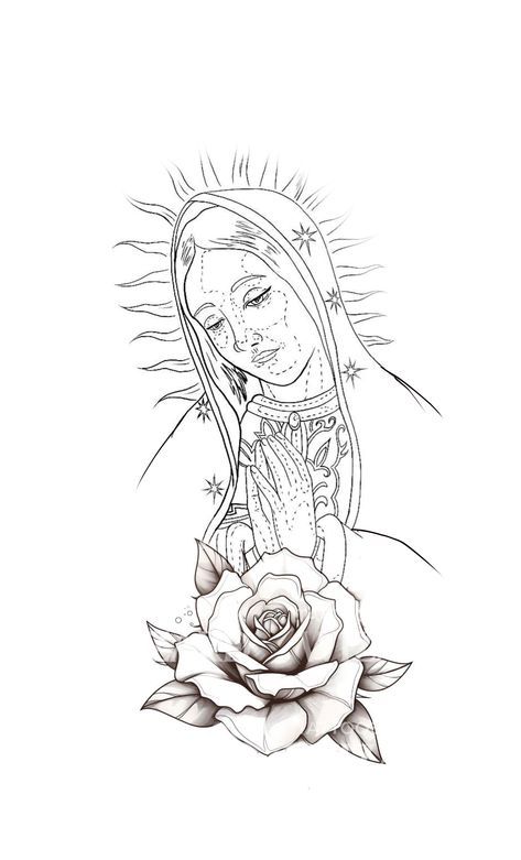 Virgin Mary Tattoo For Women, Virgen Mary Tattoo, Mary Tattoos, Virgin Mary Tattoo, Mary Tattoo, Chicano Art, Art Tattoos, Design Drawings, Tattoo Design Drawings