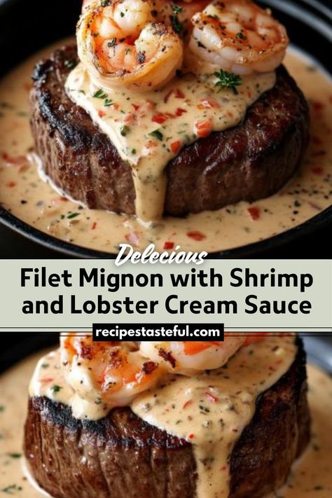 A luxurious dish featuring tender filet mignon topped with a rich shrimp and lobster cream sauce, perfect for special occasions or an elegant dinner at home. Filet Mignon With Shrimp And Lobster Cream Sauce, Lobster Cream Sauce Recipe, Sauce For Filet Mignon, Lobster Cream Sauce, Decadent Dinner, Filet Mignon Steak, Dinner At Home, Elegant Dinner, Gluten Free Chicken