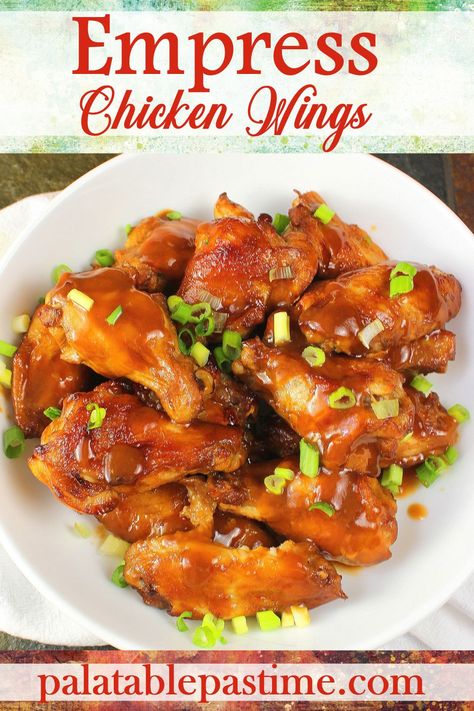 Empress Chicken, Wings With Sauce, Oven Baked Wings, Honey Bbq Wings, Peach Chicken, General Tso's Chicken, Flexitarian Recipes, Chicken Sauce, Baked Wings