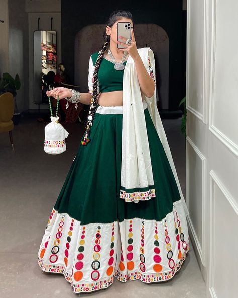 Price:4300/- 💗For Order and More Details WhatsApp +91 9601606887 🌷Lehenga Choli Collection🌷 A traditional look that will never go out of fashion! This original mirror work choli you must have at your function night where you need to look your best while doing garba 💗 LNB1677PNK LNB1677GRN Lehenga(Stitched) Lehenga Fabric : Pure Cotton Lehenga Work : Embroidery work with Original Mirror Work Lehenga Closer : Drawstring Stitching : Stitched With Canvas and Full Inner Length : 42 Flair :... Garba Chaniya Choli, Bridesmaid Sarees, Garba Outfit, Mirror Work Lehenga, Navratri Dress, Cotton Lehenga, Mirror Work Blouse, Navratri Chaniya Choli, Green Lehenga