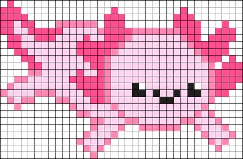 Pixel Art Pattern Axolotl, Pixel Axolotl, Axolotl Cross Stitch Pattern Free, Axolotl Perler Bead Patterns, Axolotl Pixel Art, Axolotl Perler Beads, Easy Pixel Art, Pixel Drawing, Kandi Patterns