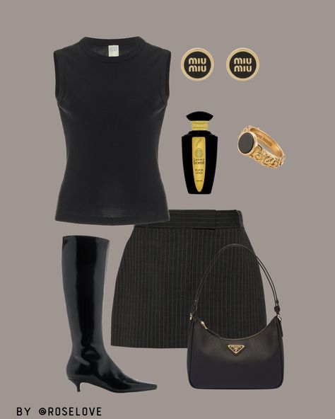 Effortlessly chic, this sleek black ensemble blends minimalism with luxe. The sleeveless top and pinstripe mini skirt offer a modern, sophisticated vibe, while tall glossy boots and a Prada bag keep it polished. Gold accessories add the perfect touch of elegance. 

#ChicStyle #MinimalistFashion #BlackOutfit #Prada #EffortlessStyle #LuxuryFashion #ROSELOVE Pinstripe Skirt Outfit, Glossy Boots, Pinstripe Mini Skirt, Pinstripe Skirt, Skirt Outfit, Gold Accessories, Fashion Killa, Black Outfit, Skirt Outfits