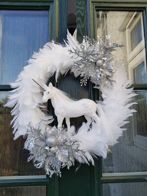 Mystical Christmas, Unicorn Wreath, Christmas Orniments, Unicorn Decor, Unique Wreath, Unicorn Christmas, Rainbow Christmas, Creative Wreaths, Feather Wreath