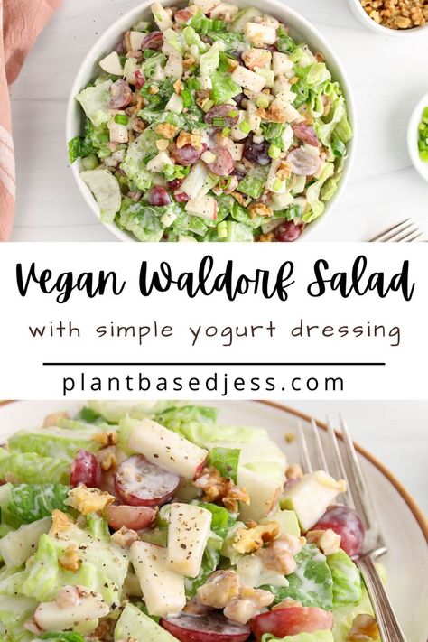 View on a bowl of dairy-free Waldorf salad. Vegan Waldorf Salad, Easy Waldorf Salad, Yogurt Salad Dressing, Yogurt Salad, Waldorf Salad Recipe, Fat Free Vegan, Creamy Yogurt, Gluten Free Salads, Waldorf Salad