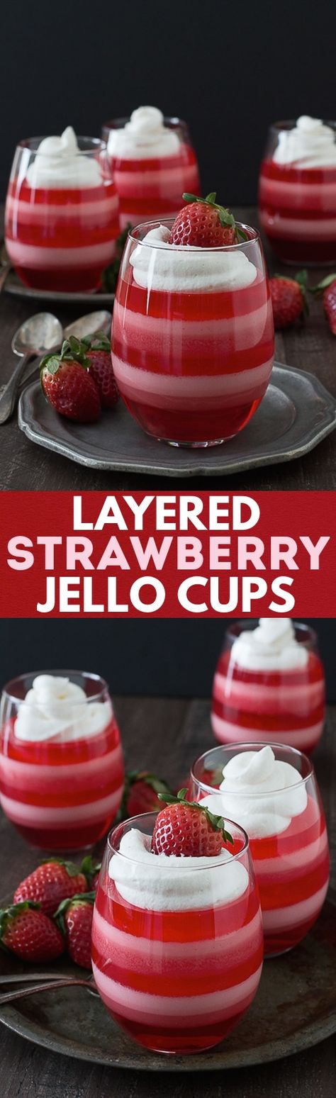 Layered Strawberry Jello Cups - a fun jello dessert to make for Valentine’s Day! Strawberry Jello Cups, Valentines Desserts, Jello Dessert, Layered Jello, Jello Cups, Jello Dessert Recipes, Dessert To Make, Jello Desserts, Parfait Recipes