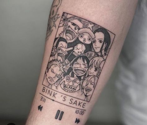 Anime Best Friend Tattoos, Anime Tattoos One Piece, Going Merry Tattoo, One Piece Small Tattoo, Anime Style Tattoos, One Piece Anime Tattoo, One Piece Tattoo Ideas, Zoro Tattoo, Sake Tattoo