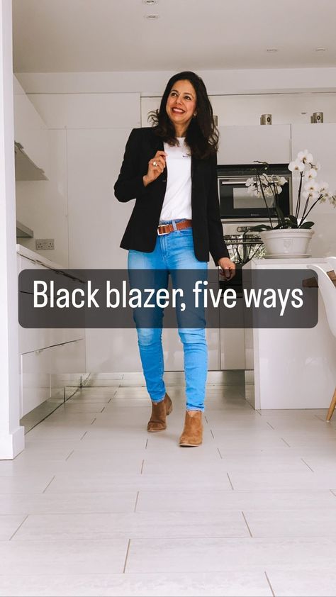 🖤 STYLE A BLACK BLAZER - 5 WAYS 🖤 Last week I featured black jeans, now the black blazer takes centre stage. TBH, any of these looks… | Instagram Blue Jeans Black Blazer Outfit, How To Style Black Blazers Women, Black Suit Jacket Outfits For Women, How To Style Black Blazer, What To Wear Under A Blazer, Black Blazer With Jeans Outfit, How To Wear A Black Blazer, Jean Blazer Outfit, Black Blazer Jeans Outfit