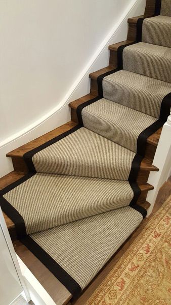 Beige And Black Stairs, Stair Carpet With Border, Brown Stair Carpet, Black Stairs Grey Carpet, Stair Runner Dark Wood, Carpet Runner Black Stairs, Victorian Stairs, Stair Paneling, Entryway Stairs