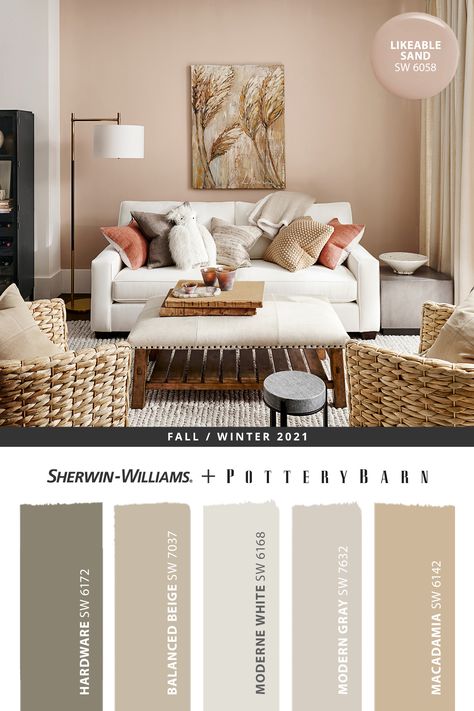 Bring relaxing warmth to your living room with an accent wall painted in Likeable Sand SW 6058 from Sherwin-Williams. Tap this pin to discover the complete @potterybarn Fall/Winter 2021 paint palette, then shop online and get your DIY painting project started. #sherwinwilliams #potterybarn #DIY #decor #livingroom #interiordesign #homedecor #painting #colorinspiration #renovation #paint #fall #winter Neutral Living Room Paint, Paint For Walls, Living Room Paint Colors, Color Palette Living Room, Living Room Wall Color, Bedroom Colour, Room Wall Colors, Accent Wall Paint, Beige Living Rooms