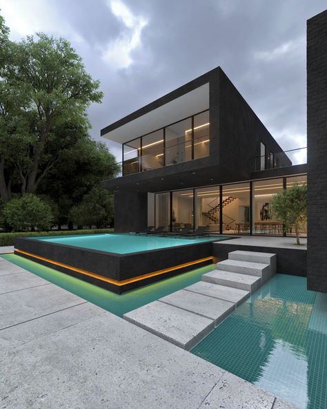 Black Brick Vila in Damavand, Iran by Re|Villa Vila Designs Modern, Vila Modern, Reza Mohtashami, Dark Home Aesthetic, Black Villa, Teen Room Makeover, Billionaire Homes, Villa Pool, Modern Living Room Interior