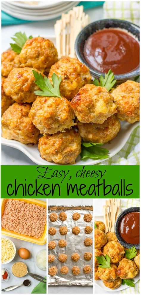 Cheesy chicken meatballs are easy to make, easy to bake and can be served as an appetizer or dinner! | www.familyfoodonthetable.com Meatballs Chicken, Cheesy Baked Chicken, Baked Chicken Meatballs, Easy To Bake, Easy Toddler Meals, Ground Chicken Recipes, Chicken Easy, Chicken Meatballs, Minced Meat