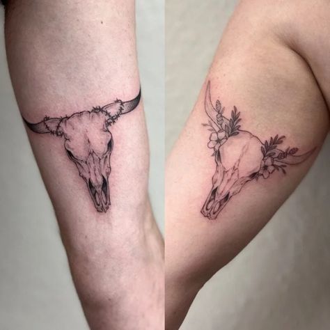 Cattle Skull Tattoo Men, Matching Bull Skull Tattoos, Traditional Long Horn Skull Tattoo, Cowboy Couple Tattoos, Longhorn Chest Tattoo, Steer Skull Tattoo For Women, Western Tattoos For Couples, Bull Tattoo Feminine Taurus, Ox Skull Tattoo